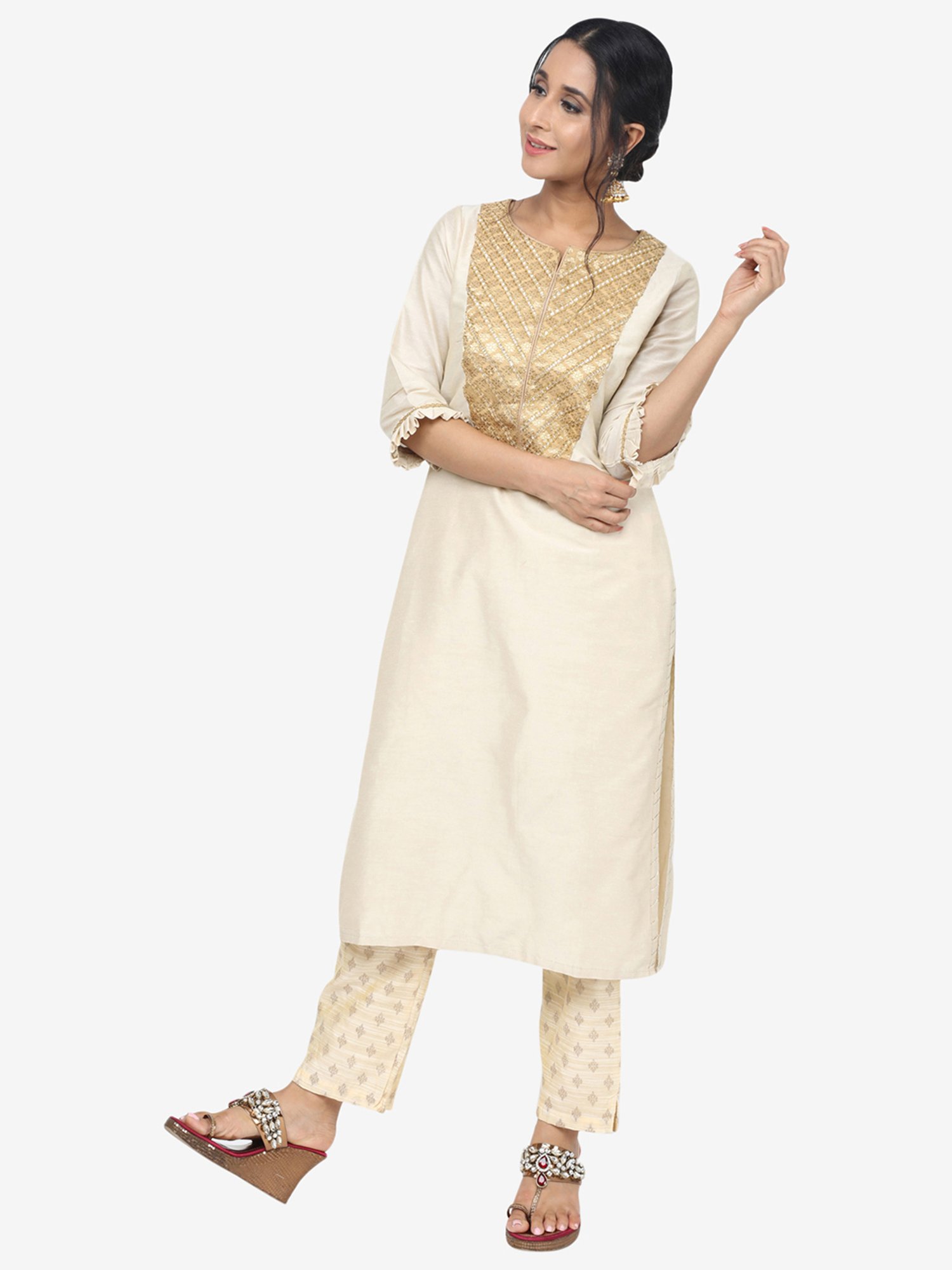 Paislei Beige Kurta Pant Set