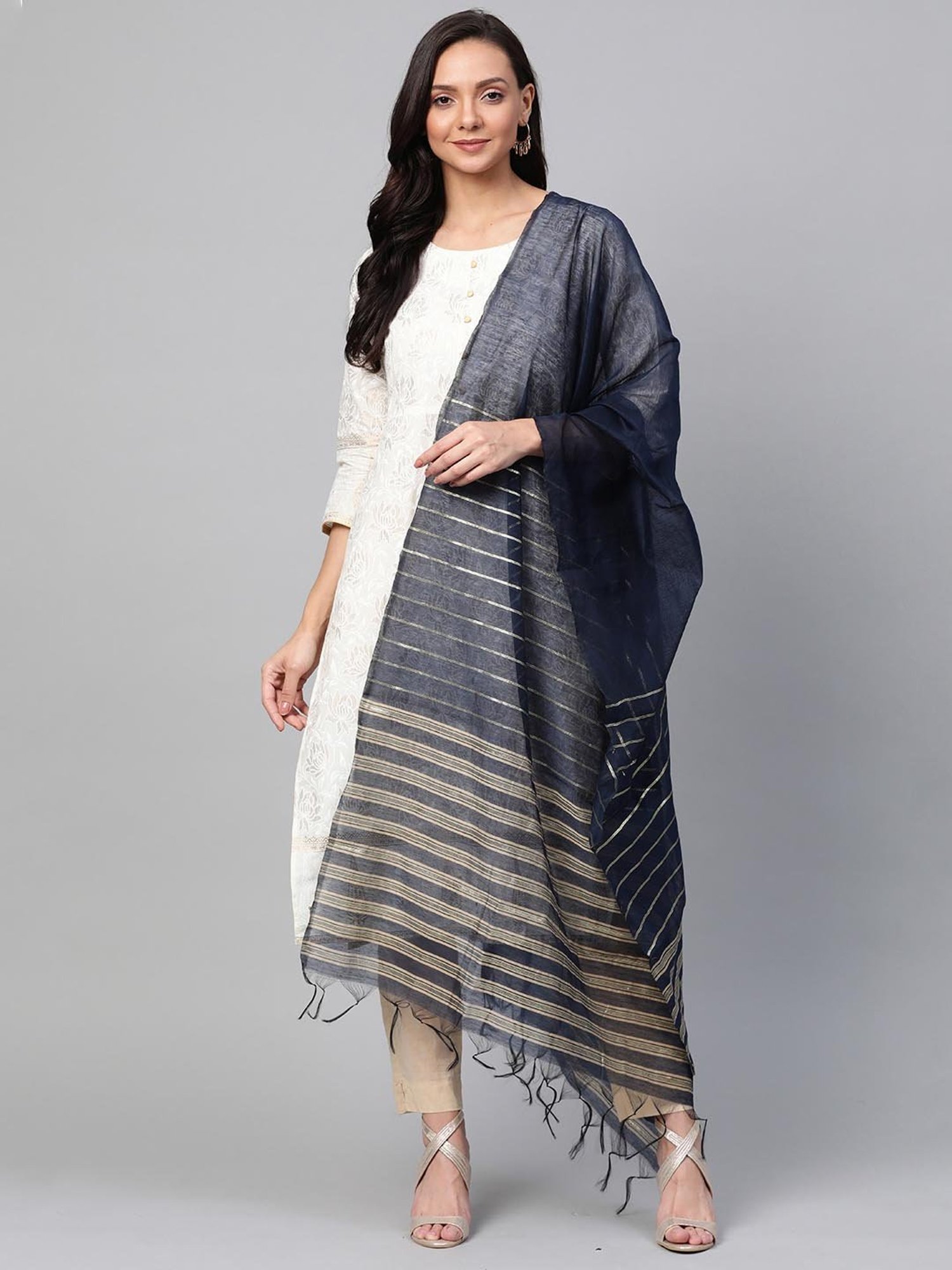 Indo Era Navy Woven Dupatta