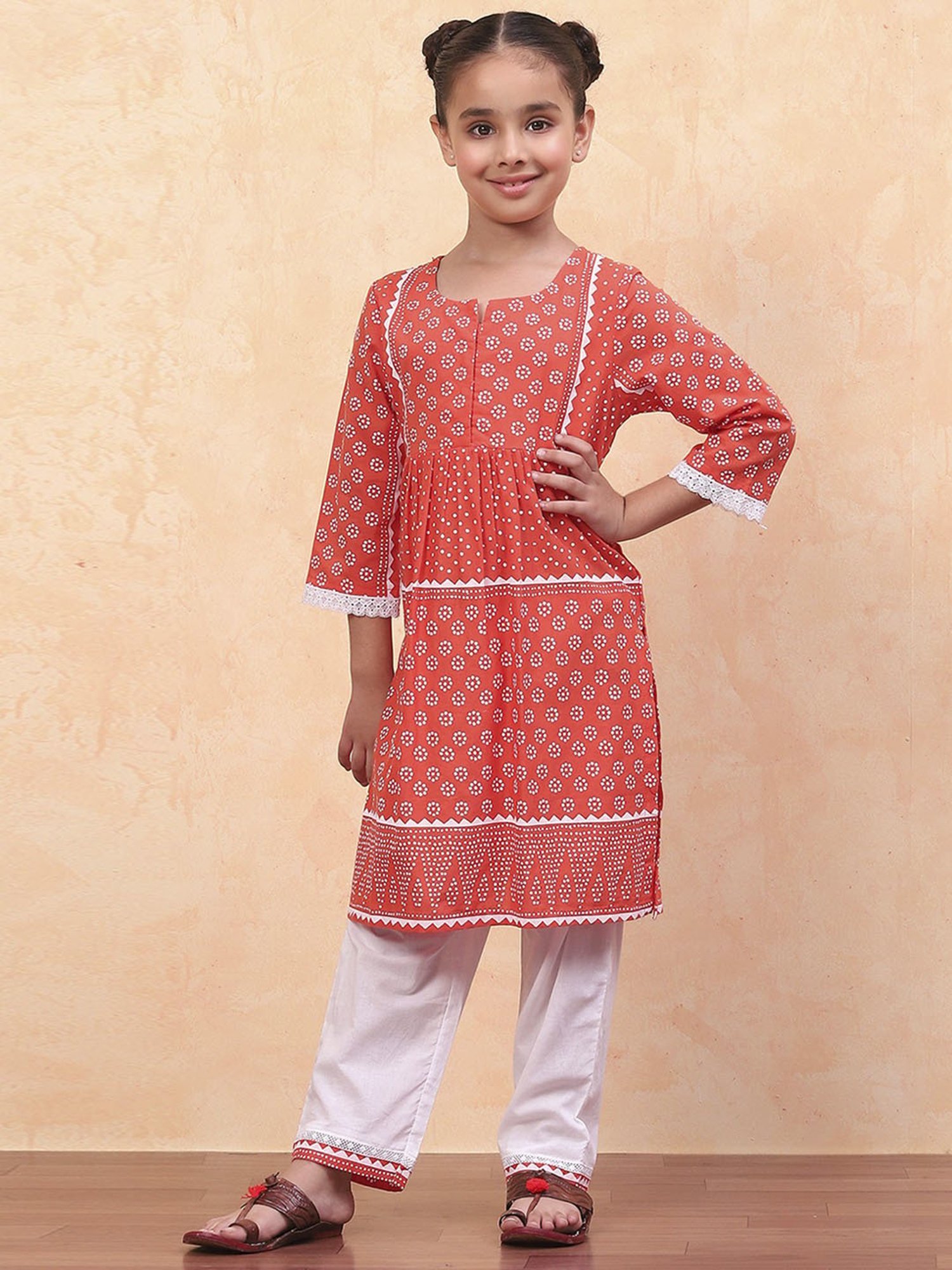 Biba Girls Orange Cotton Printed Suit Sets
