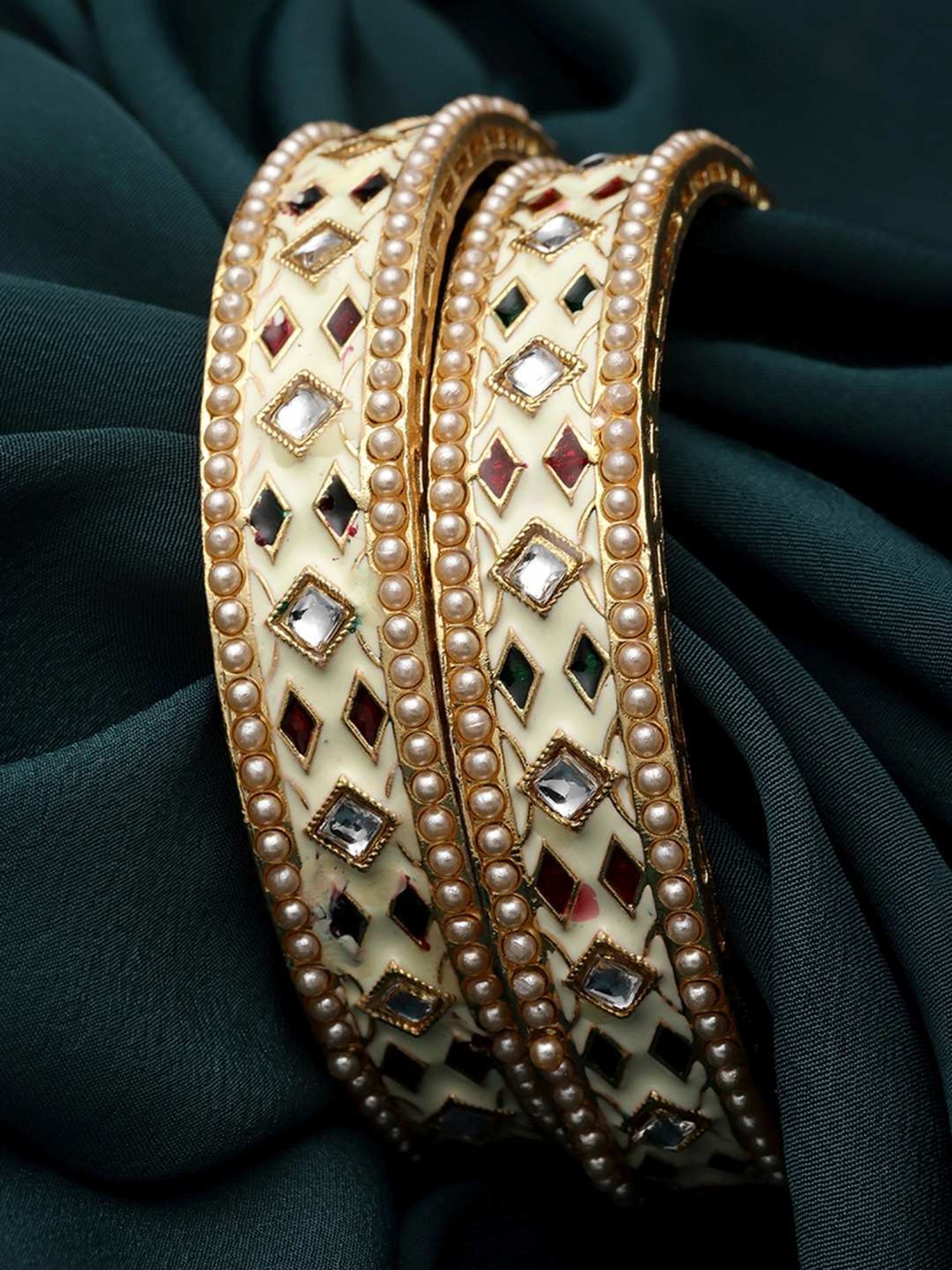 Karatcart Gold-Plated White Meena Bangles Women - Set of 2