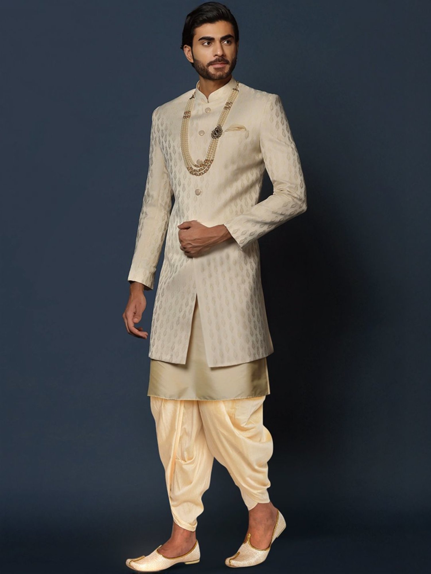Kisah Beige Regular Fit Jacquard Sherwani Set