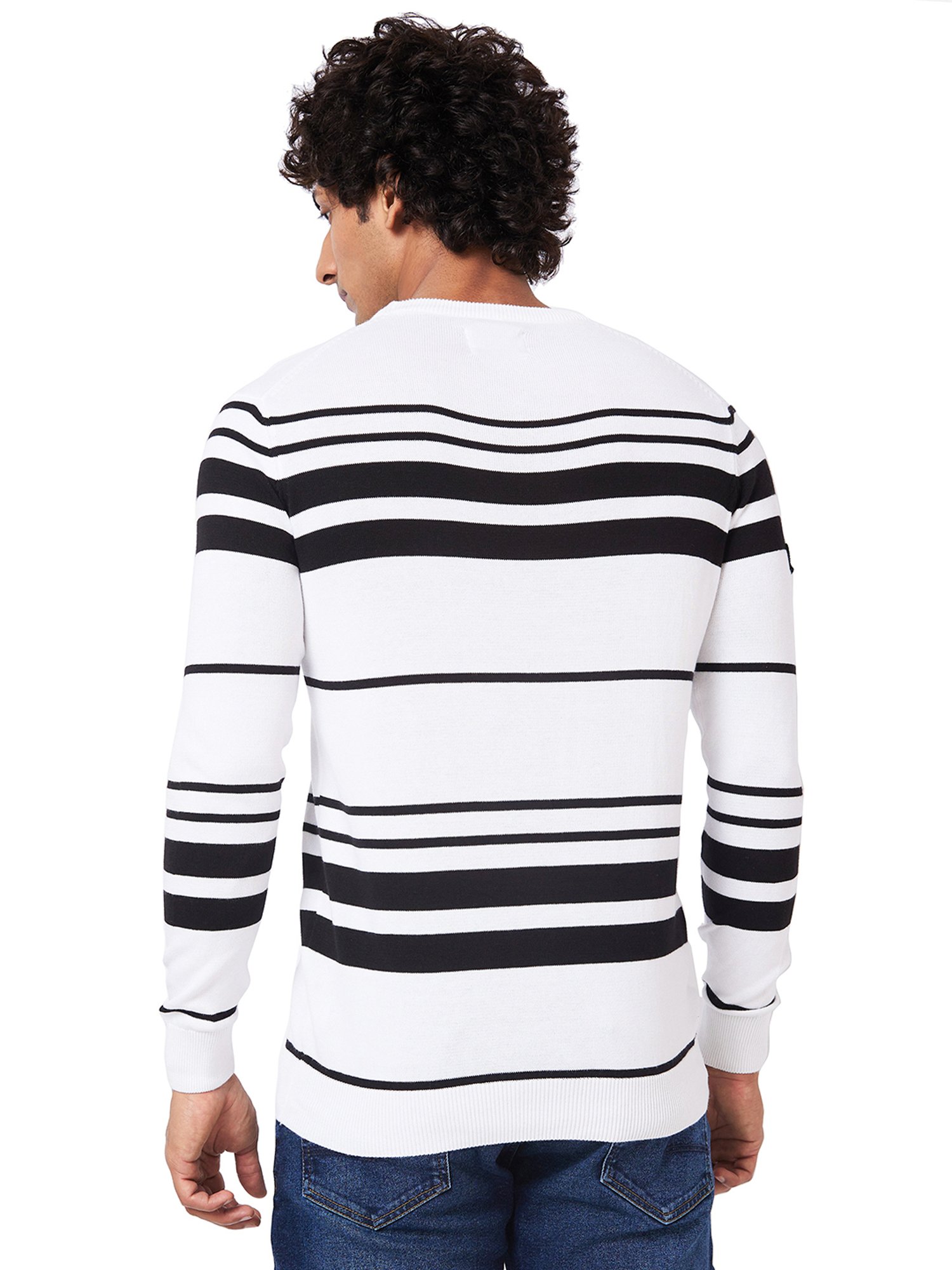 Spykar White Regular Fit Striped Sweater