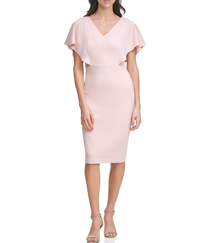 Kensie V-Neck Flutter Sleeve Scuba Crepe Sheath Dress