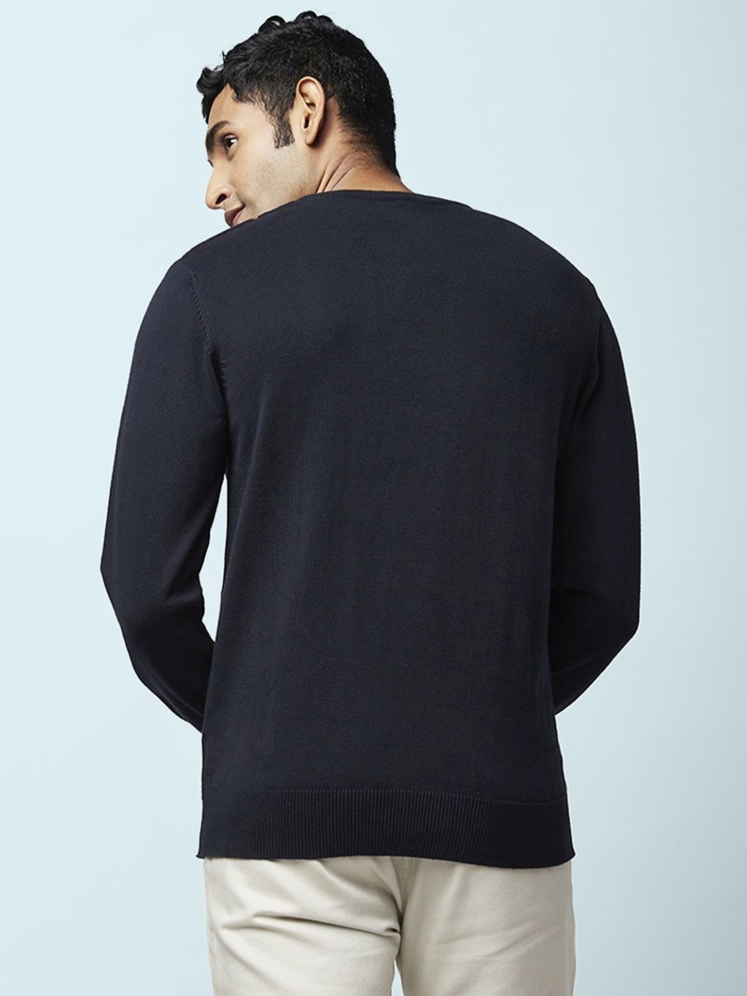 Byford By Pantaloons Navy Cotton Regular Fit Printed Sweaters