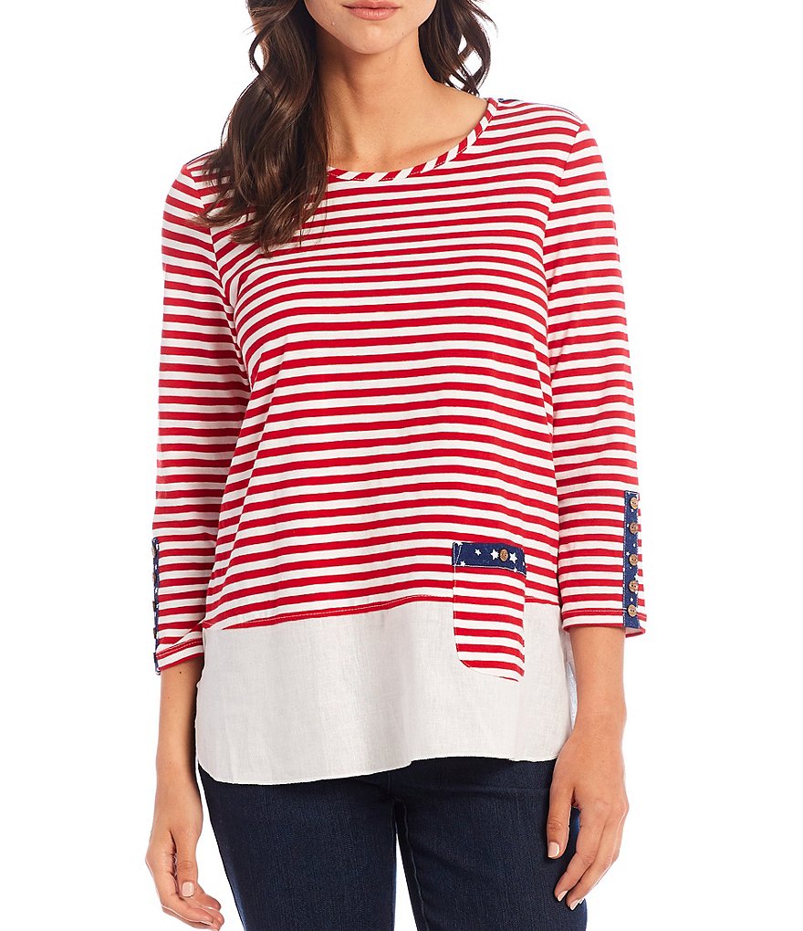 Multiples Stripe Print Contrast Back Jewel Neck 3/4 Sleeve One Pocket Top