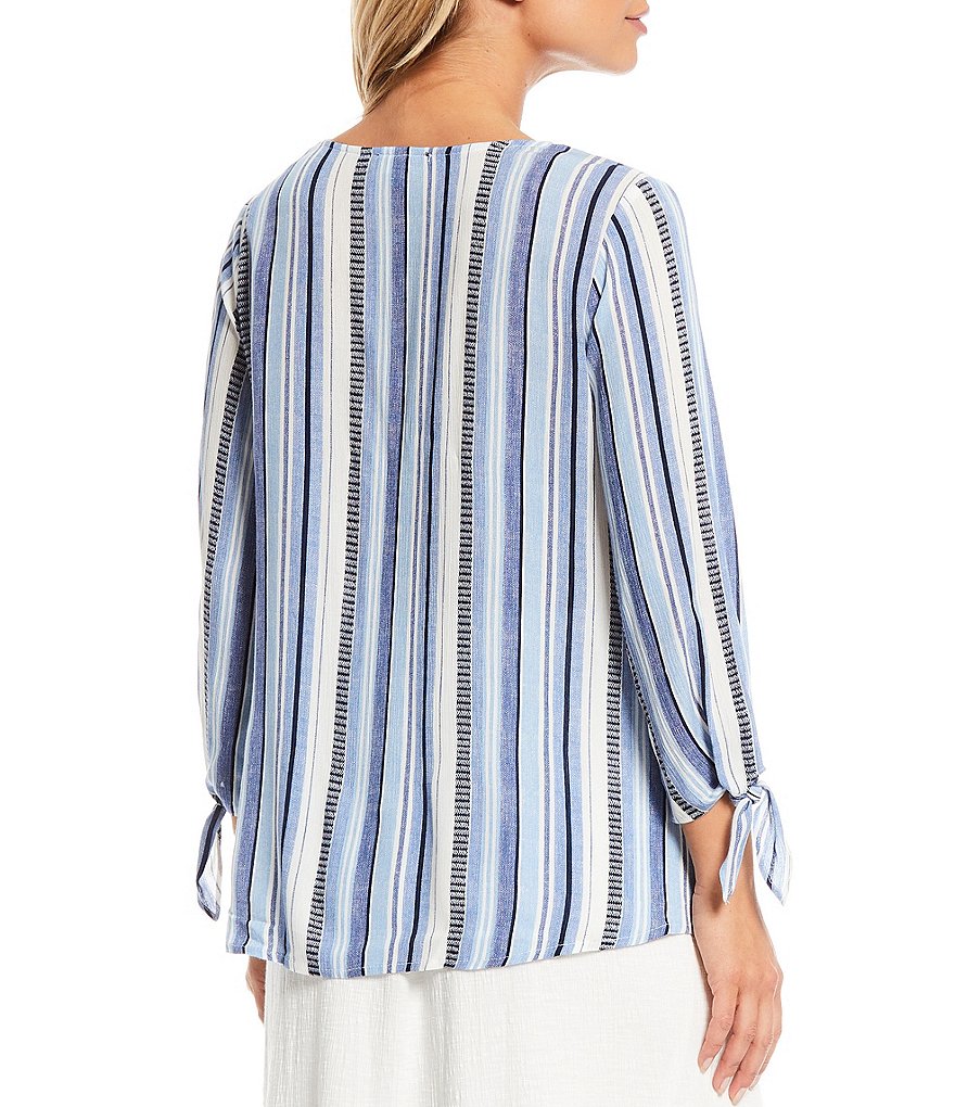 I.N. Studio Textured Stripe Crepon Tassel Tie V-Neck Details 3/4 Tie Sleeve Crochet Trim Detail Top