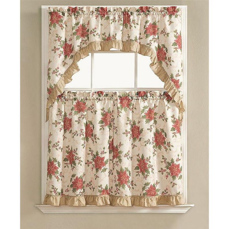 Kate Aurora Holiday Living Classic Poinsettia Complete 3 Piece Christmas Kitchen Curtain Tier & Valance Set - 58 in. W x 36 in. L