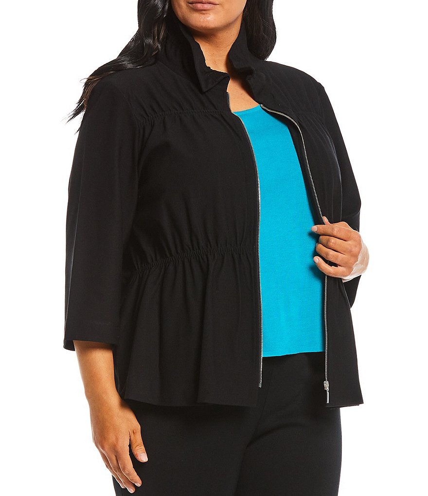 Ming Wang Plus Size 3/4 Sleeve Ruched Crepe Jacket
