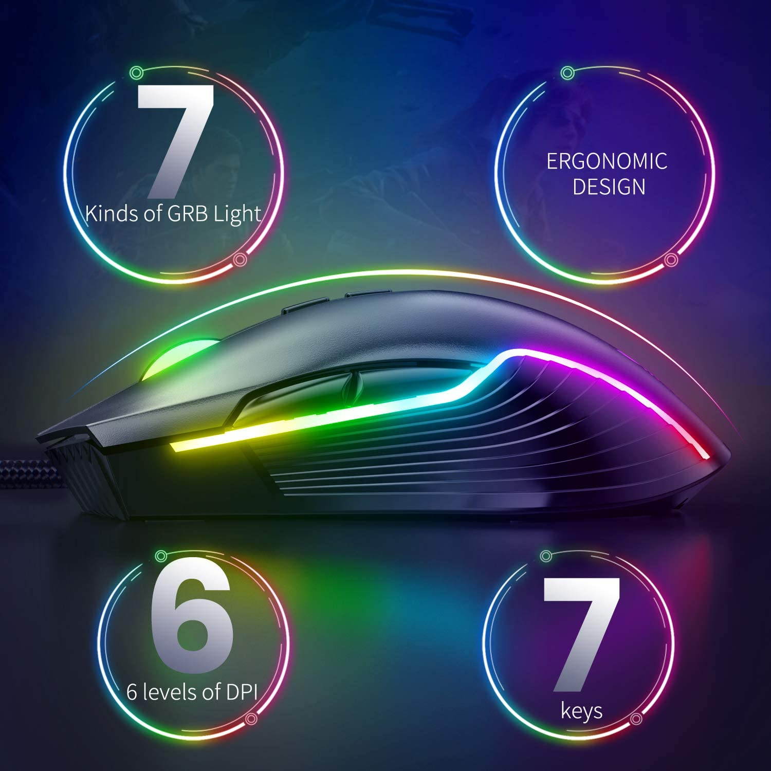 ONIKUMA Gaming Mouse 6400 DPI & Multiple LED Light Effect PC Mouse with RGB Lighting USB Wired Mouse Optical for Pro Gamer (Black)