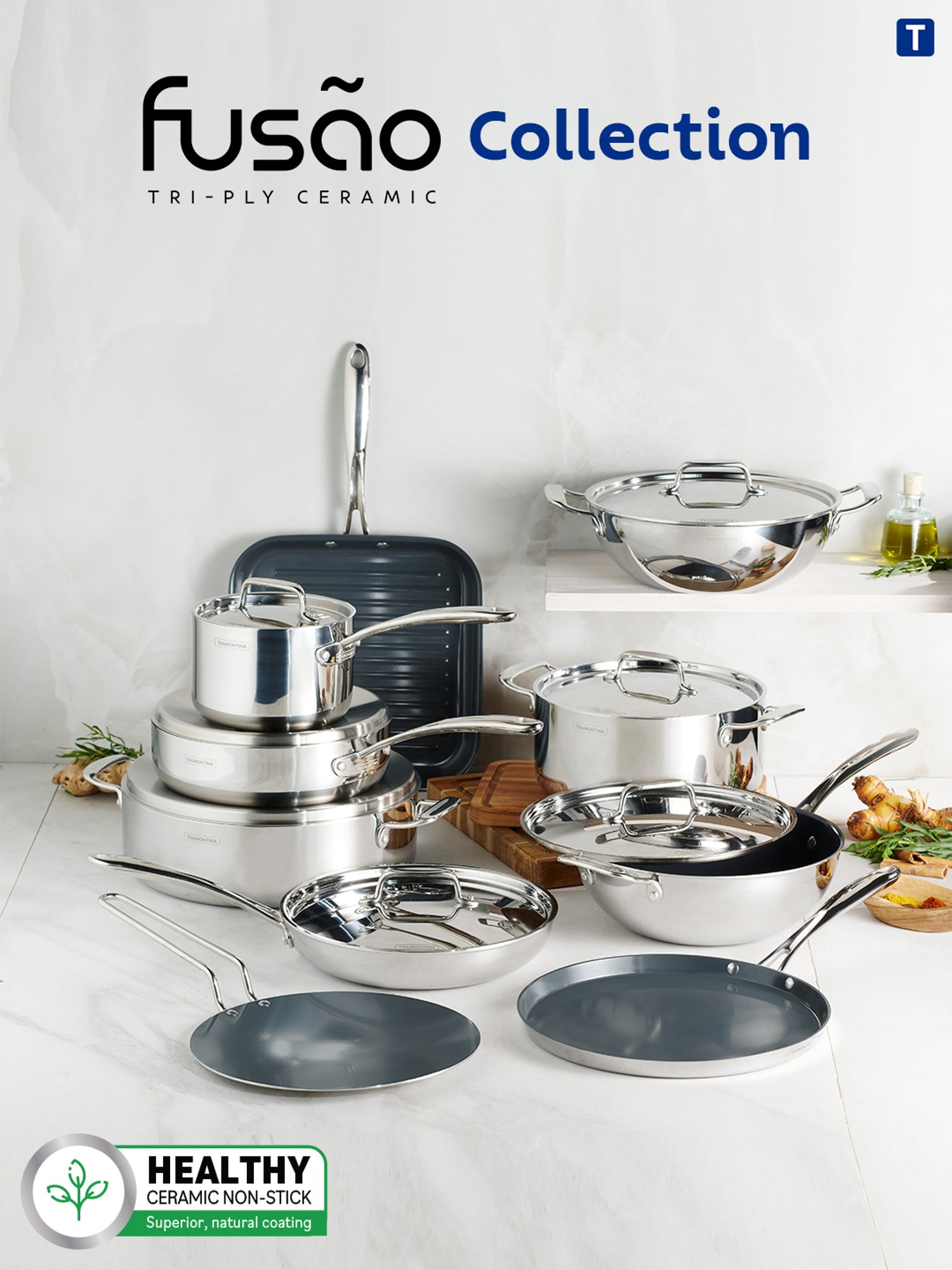 Tramontina Fusao Non-Toxic Triply Stainless Steel Ceramic Concave Tawa 26cm Stay Cool Handle