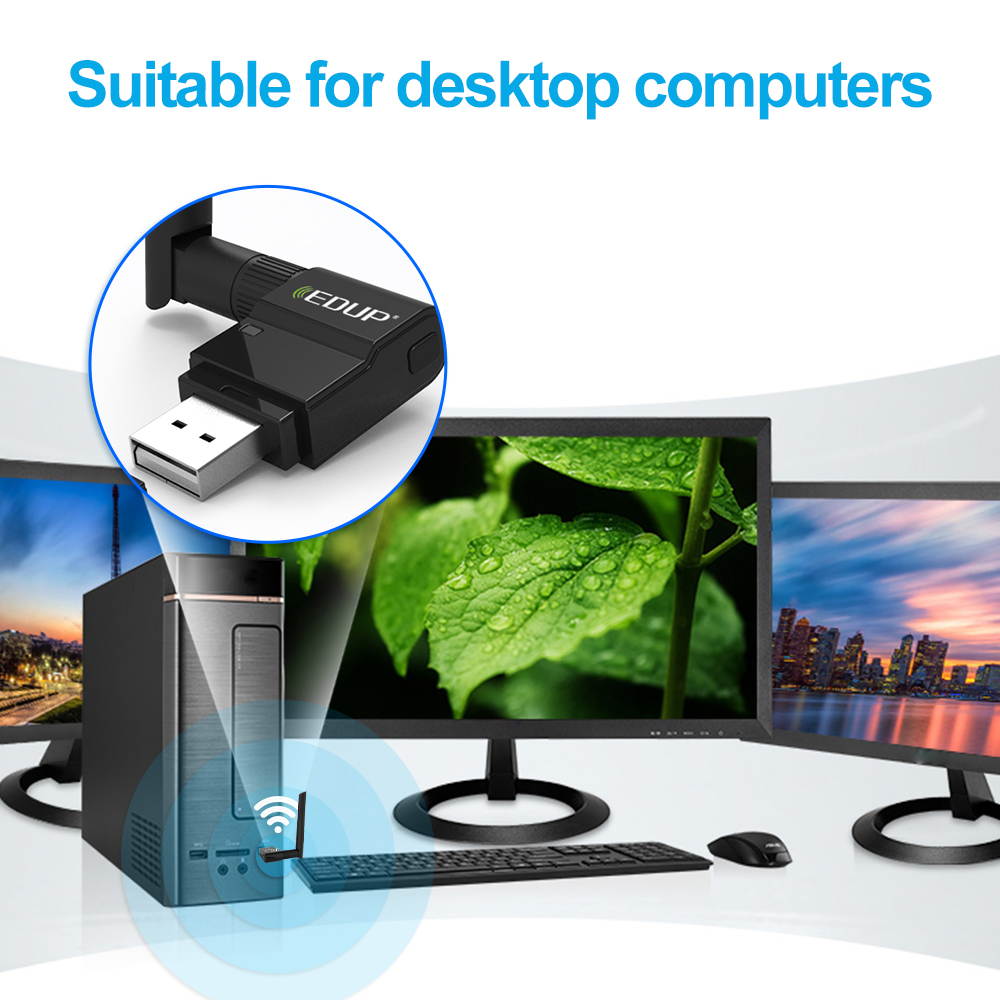 Dual Band Wireless Wifi USB Ethernet Adapter 2dBi Antenna for Laptop/PC 2.4+5.8GHz 600Mbps WiFi Receiver for Windows Mac - Black