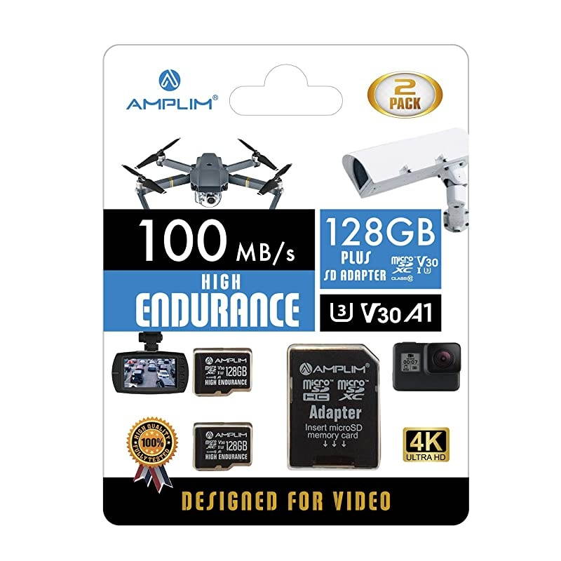 2Pack High Endurance 128GB MicroSDXC Card for Video Monitoring Dash Cam Body Cam Surveillance Cam Home Security Cam Drone Action Camera U3 V30 A1 4K UHD Micro SD TF with Adapter