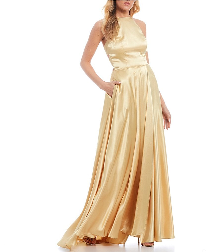 Blondie Nites Halter Neck Lace-Up Back Side Slit Satin Long Dress