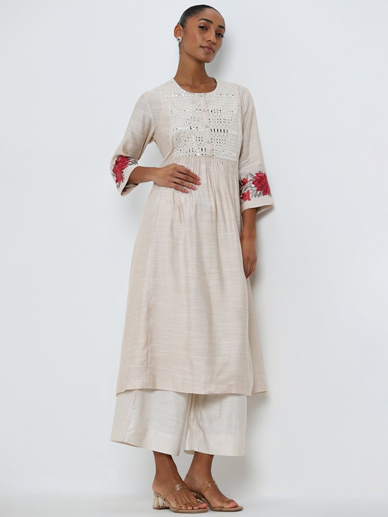 Zuba by Westside Beige Embellished A-Line Kurta