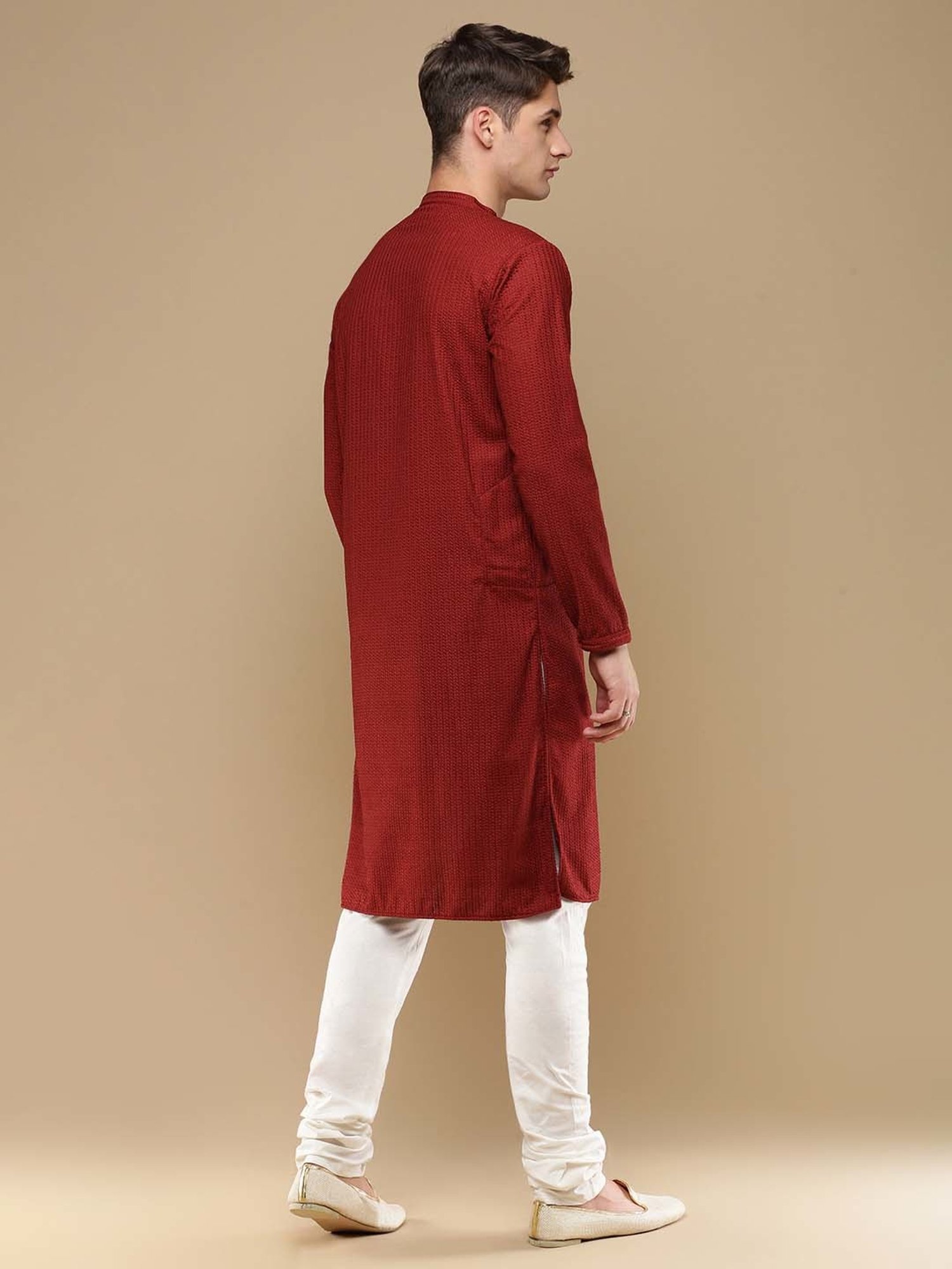 Sanwara Maroon & White Regular Fit Chikankari Kurta & Churidar Set