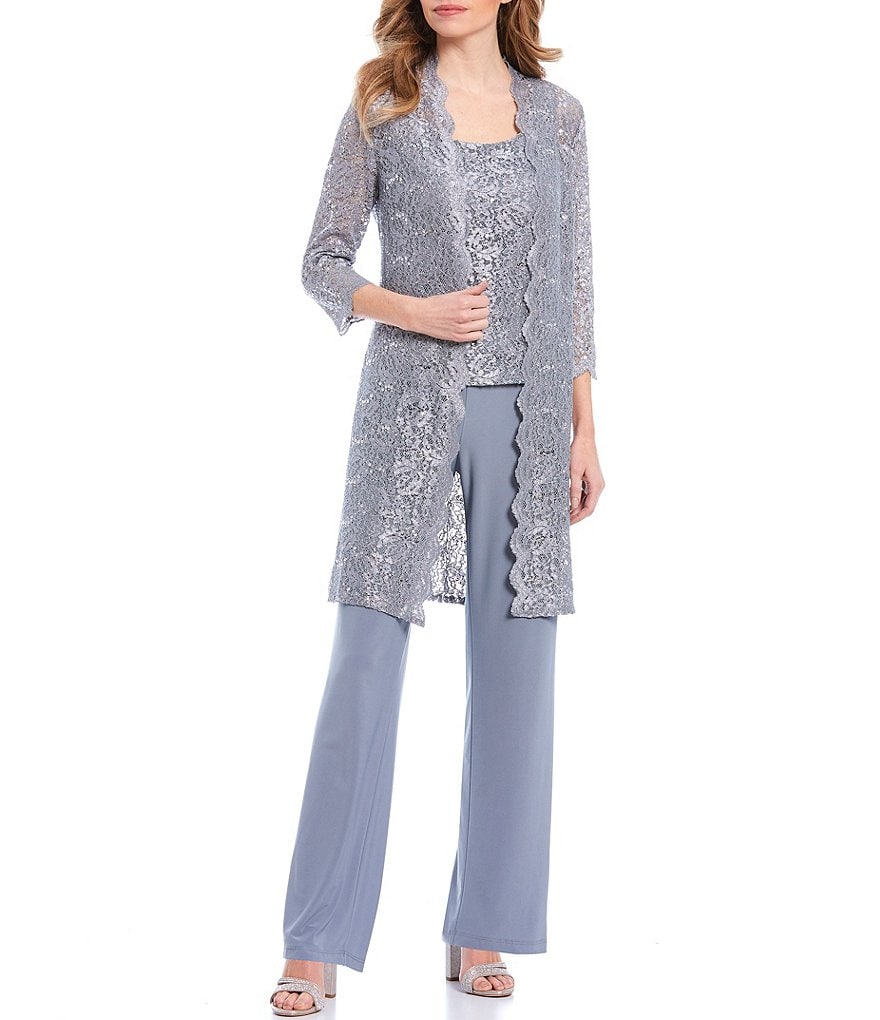 R & M Richards 3-Piece Sequin Glitter Scallop Lace Duster Pant Set