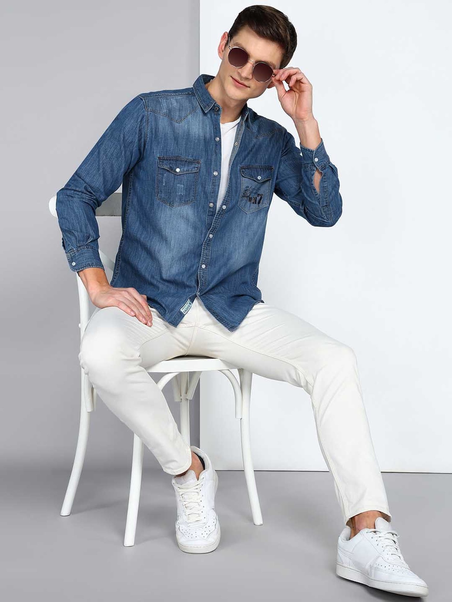 Kuons Avenue Blue Slim Fit Distressed Denim Shirt