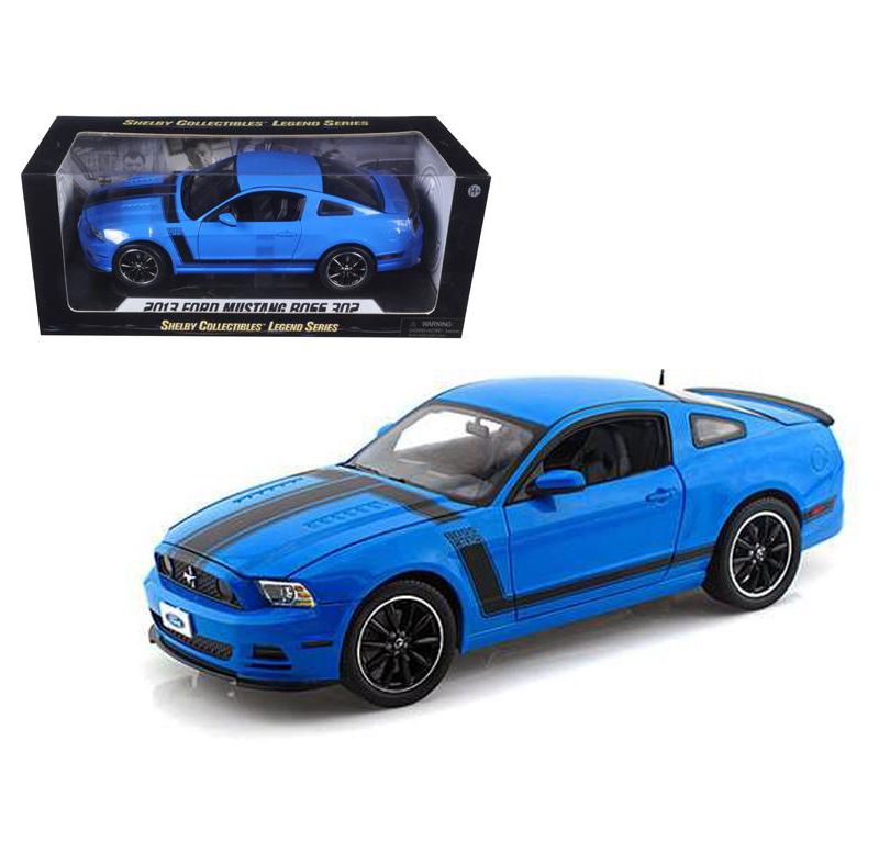 2013 Ford Mustang Boss 302 Blue with Black Stripes 1/18 Diecast Model Car by Shelby Collectibles