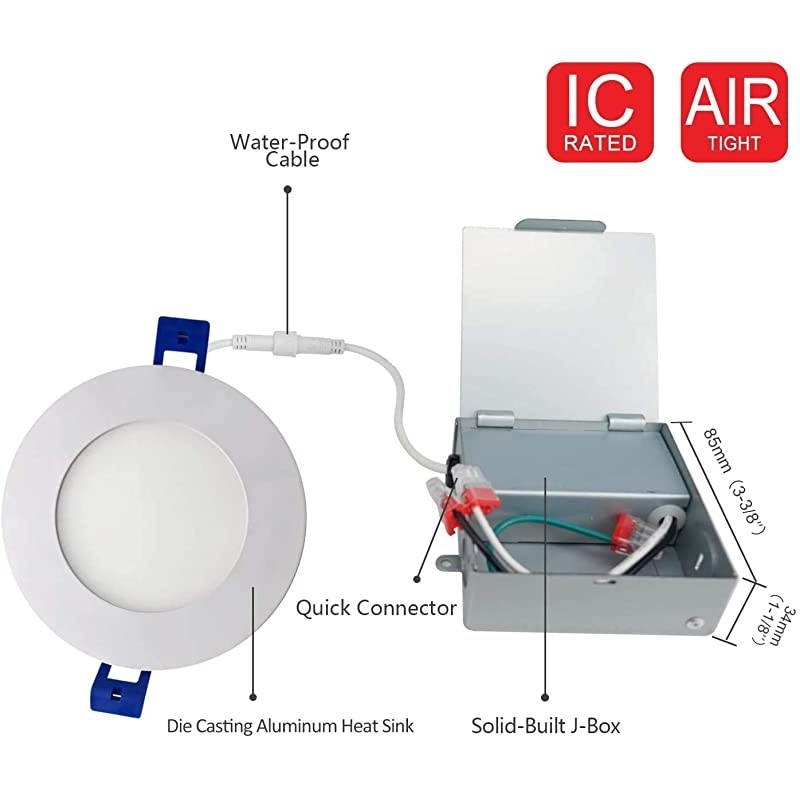 LED 12 Packs 4 Inch Recessed Low Profile Slim Panel Light with Junction Box IC Rated Air Tight 120VAC 9W 550 Lumens 4000K Cool White CRI80+ Dimmable Damp ETL + Energy Star