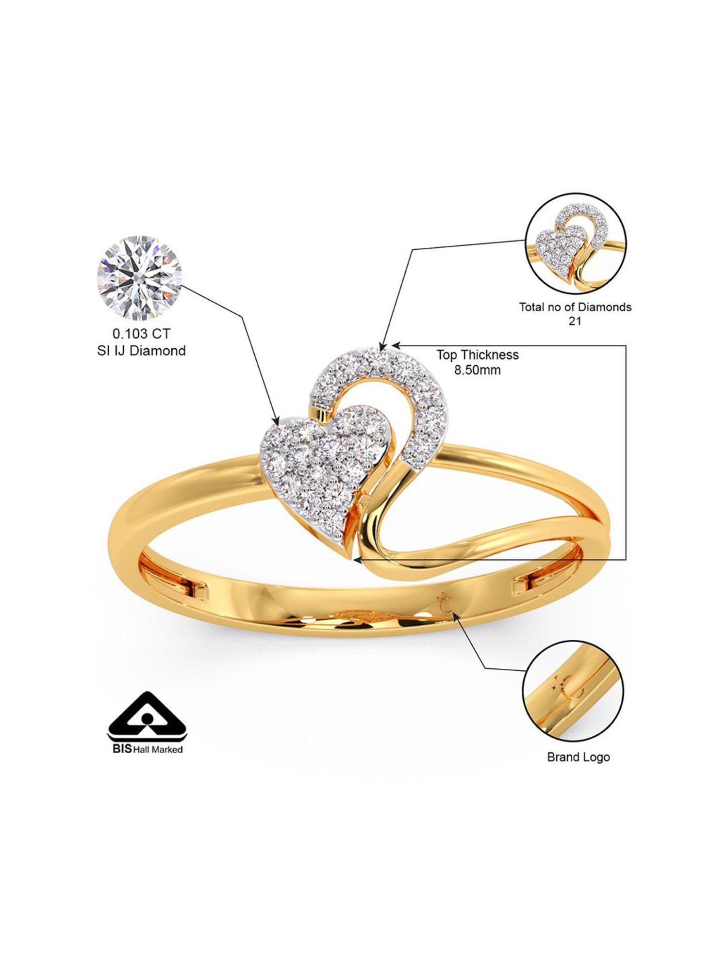 Candere by Kalyan Jewellers 14K Yellow Gold Swan Heart Diamond Ring for Women