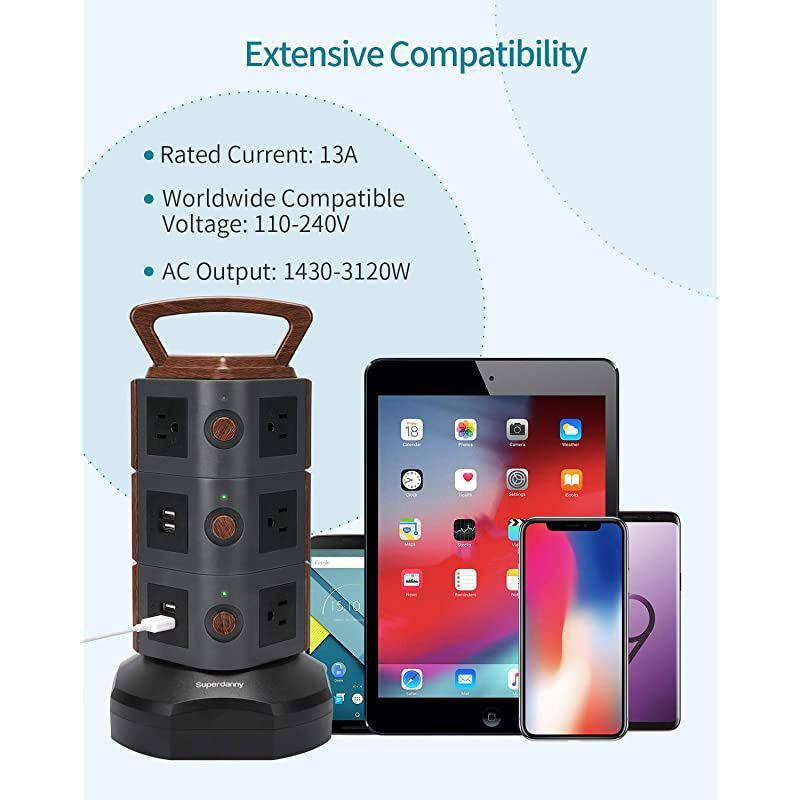 Power Strip Tower  Surge Protector Vertical Charging Station with 10 Outlets 4 USB Ports 65ft Retractable Extension Cord Desktop Plug Bar with Wood Grain for Home Office Dorm Room Hotel