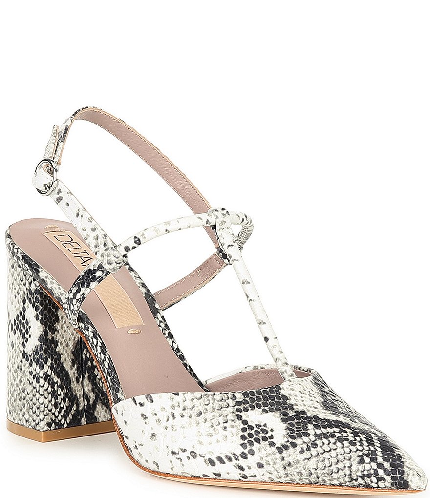 Deltan Tessa Snake Print T-Strap Block Heel Pumps