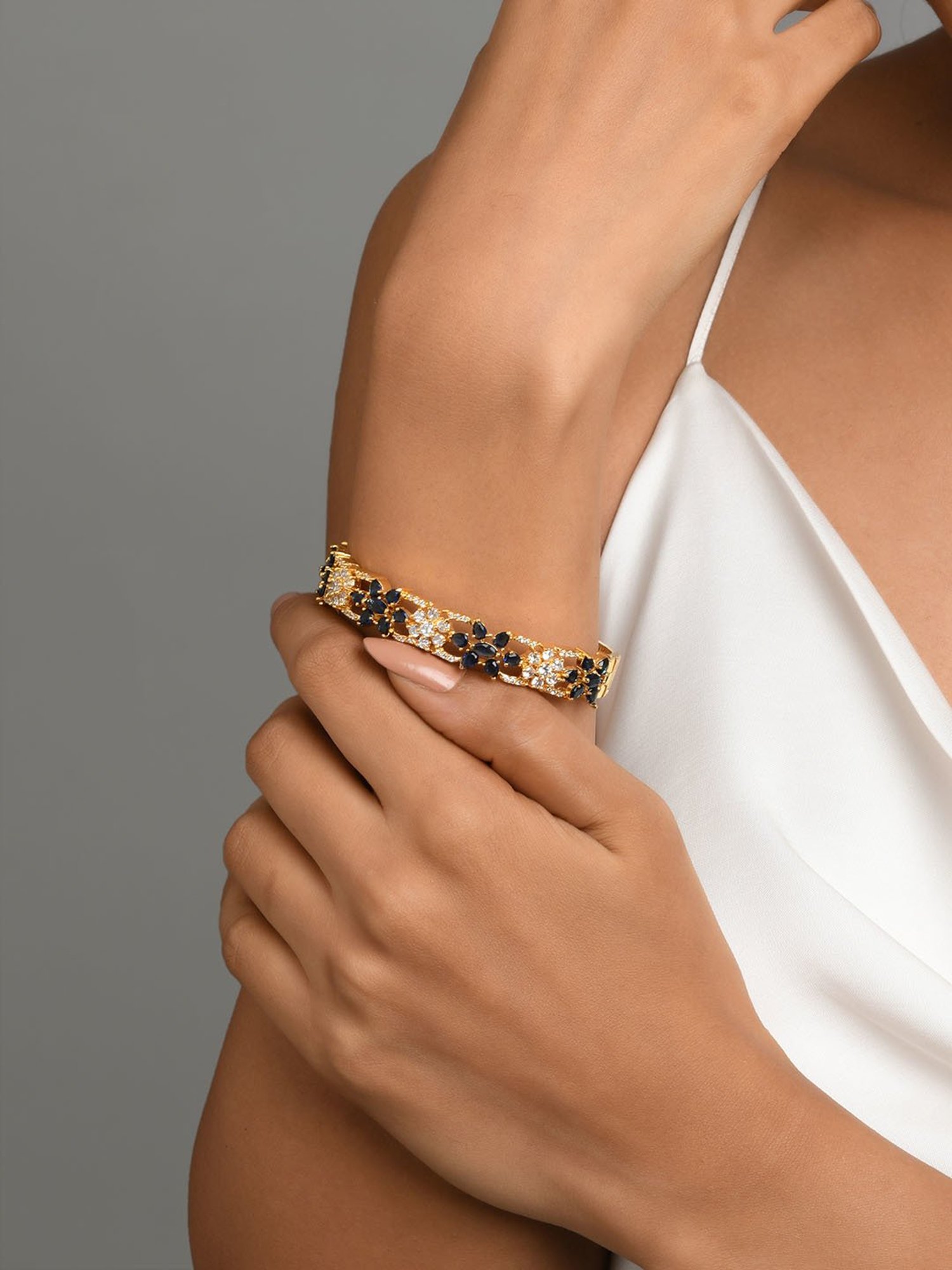 Fida American Diamond Sapphire Gold-Plated Floral Bangle for Women