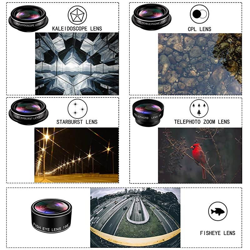 Lens Kit Phone Camera Lens 9 in 1 Zoom Telephoto Lens+198&deg; Fisheye +035X Super WideAngle + 20X Macro Lens + 063X Wide Lens + CPL +Kaleidoscope Lens +Starburst for Samsung Android Smartphone