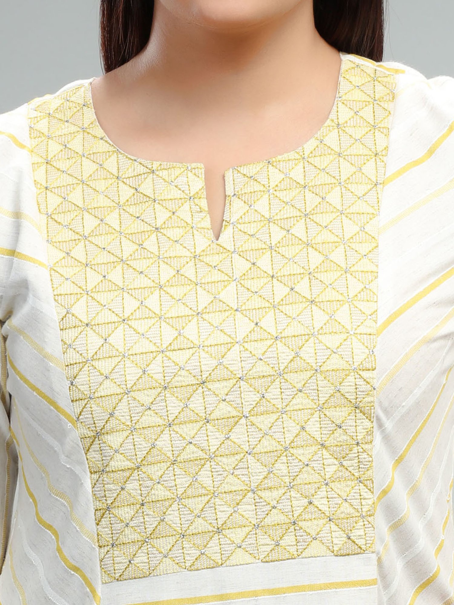 Cotton Culture Cream & Yellow Embroidered A Line Kurta