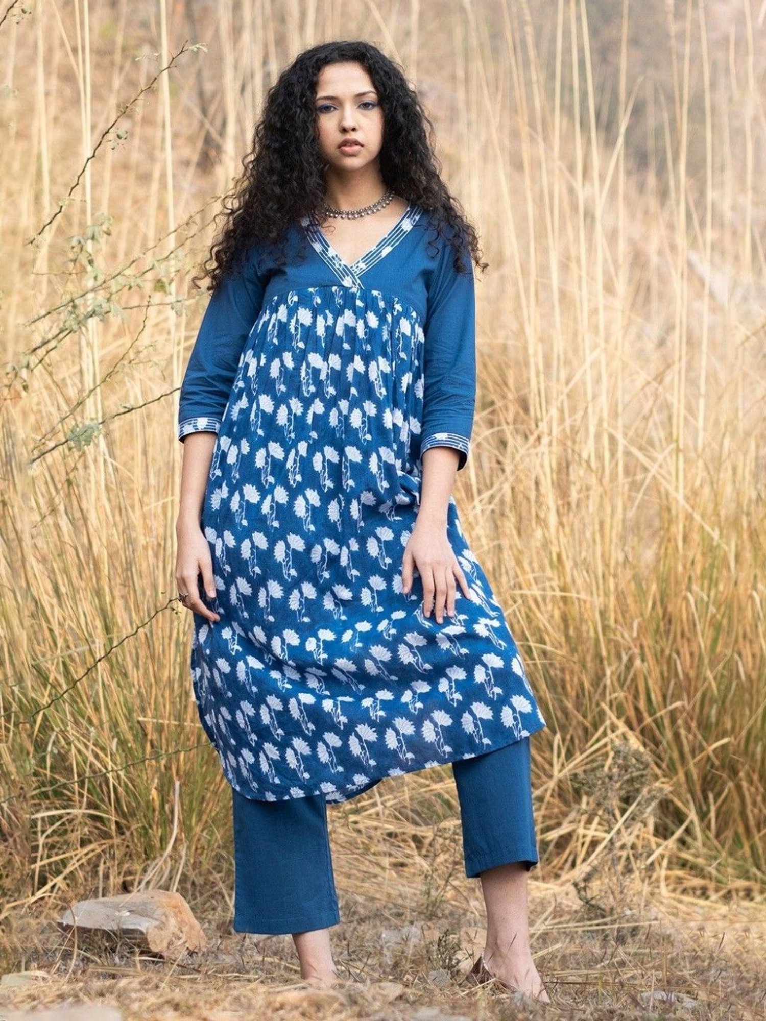 Akiso Neela Indigo Block Printed Gathered Kurta With V Neck Embroidered Neckline