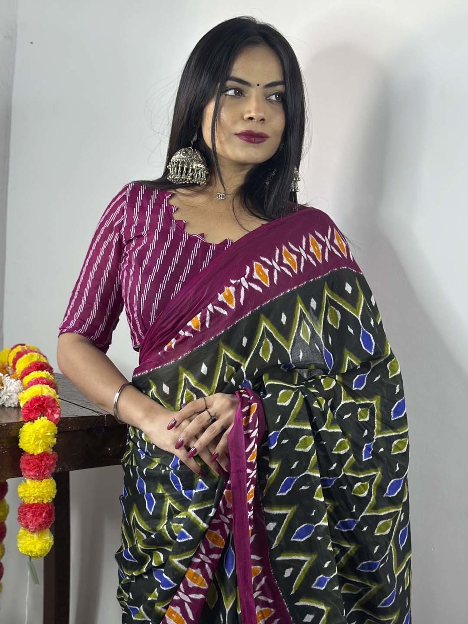 Saree Mall Green & Purple Cotton Printed Saree With Unstitched Blouse