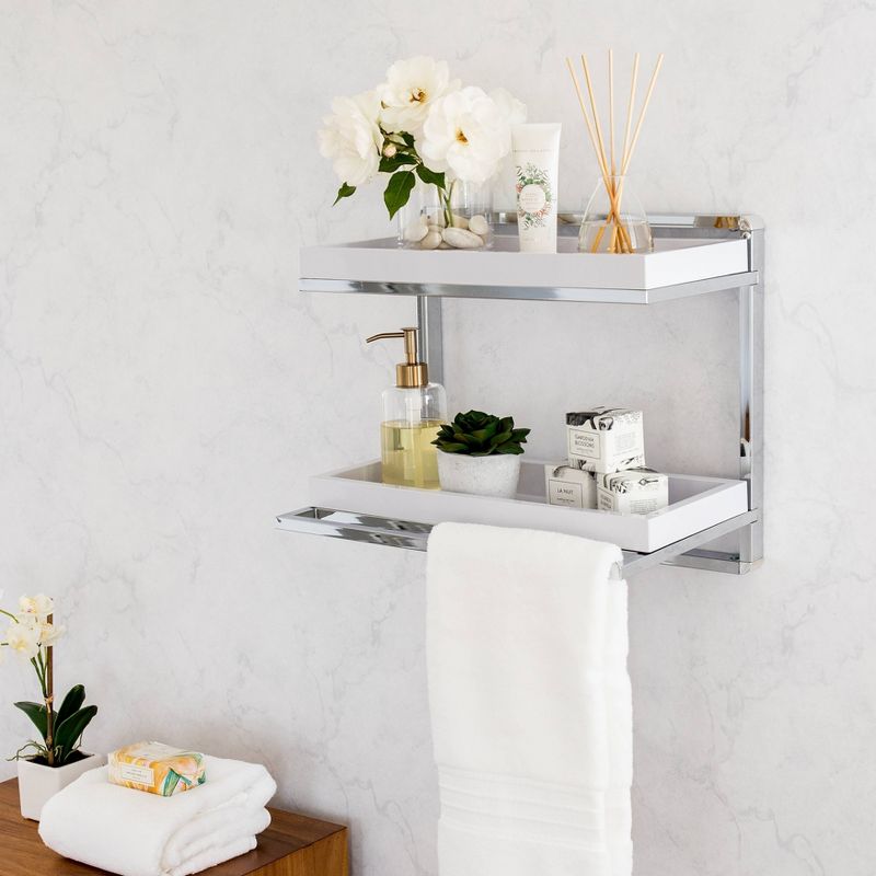 2 Tier Wall Mount Shelving Unit with Towel Rack and Trays Chrome/White - Danya B.