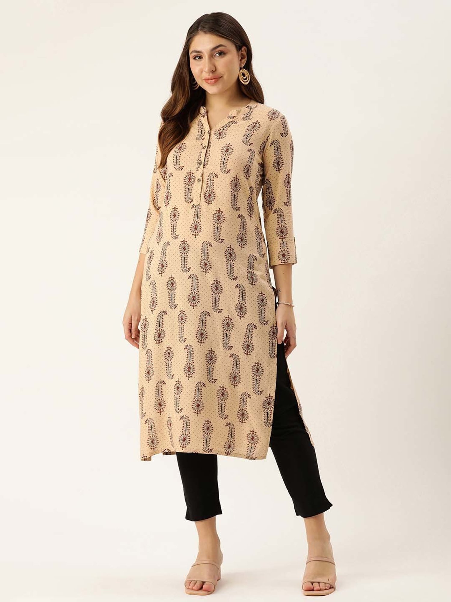 Amukti Beige Printed A Line Kurta