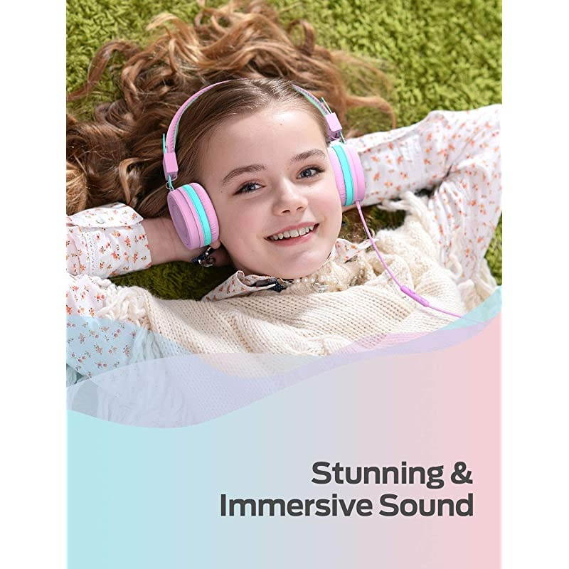Kids Headphones for School with Microphone - 94dB Volume Control, Wired Headphones for Kids Girls Boys, Adjustable Foldable On-Ear Headphones for Online Learning/iPad/Tablet/Travel, Pink