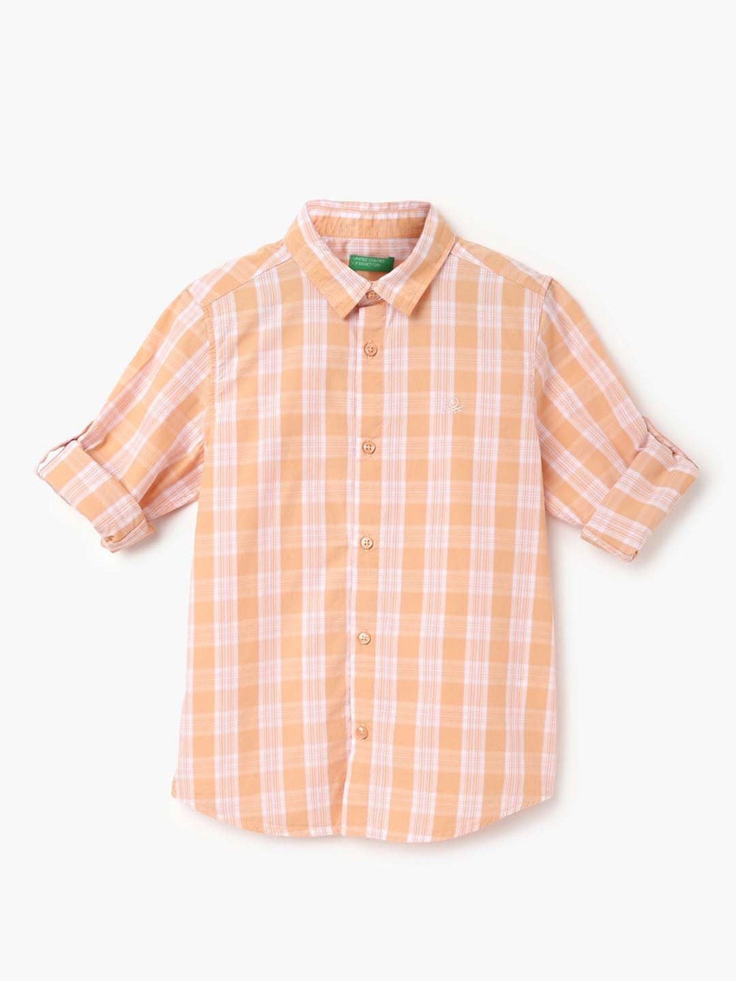 United Colors of Benetton Boys Peach Cotton Chequered Full Sleeves Shirt