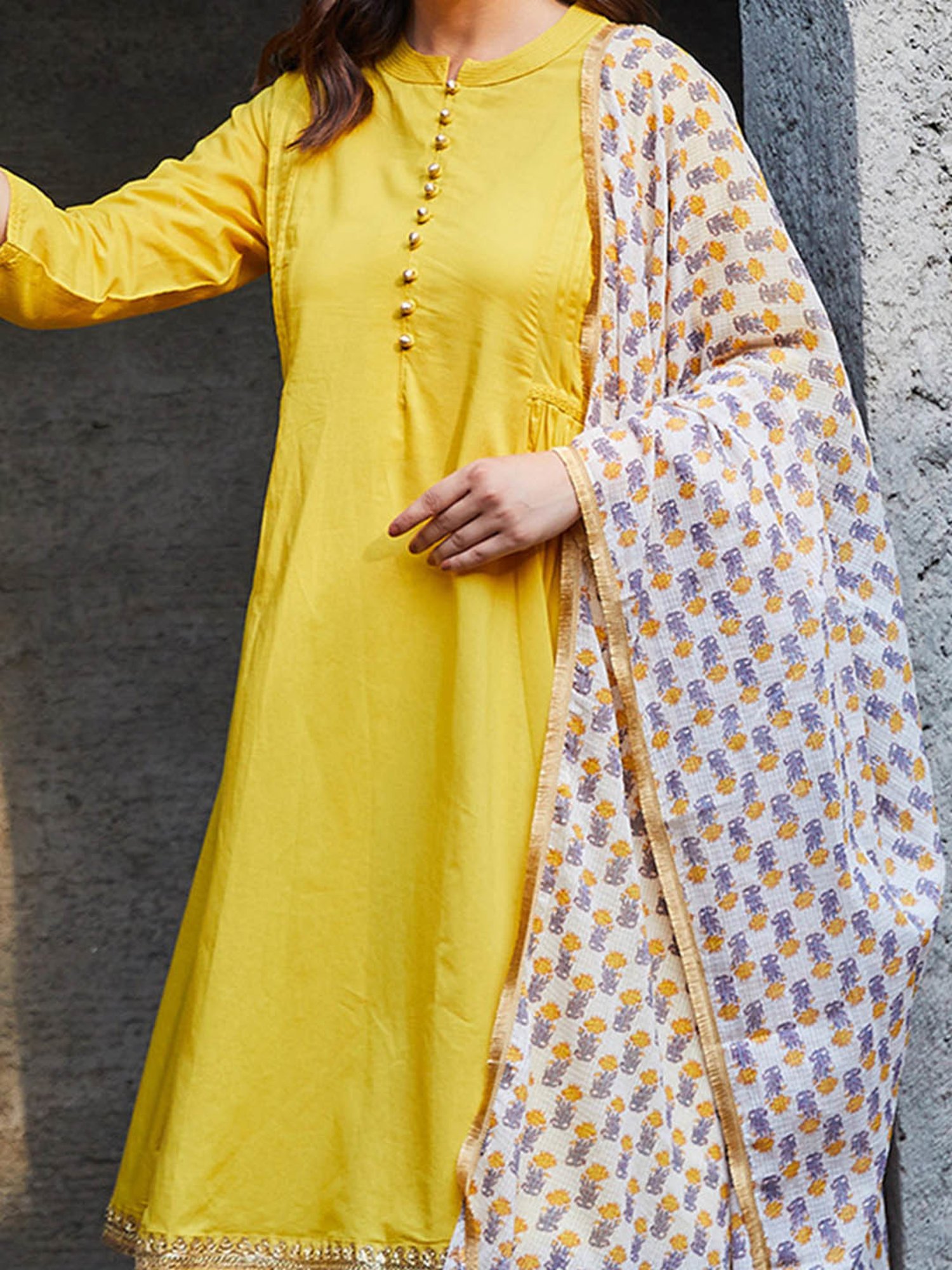 Biba Yellow & White Cotton Kurta With Pant & Dupatta