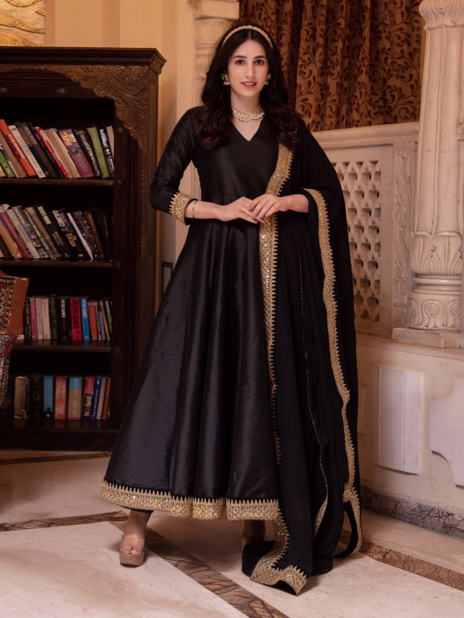 Calmna Rajkumari Black Gotapatti Silk Anarkali Suit Set