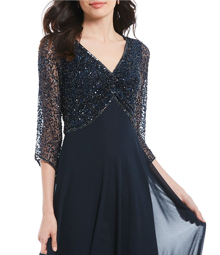 Jkara Petite Size V-Neck 3/4 Sleeve Beaded Bodice Gown