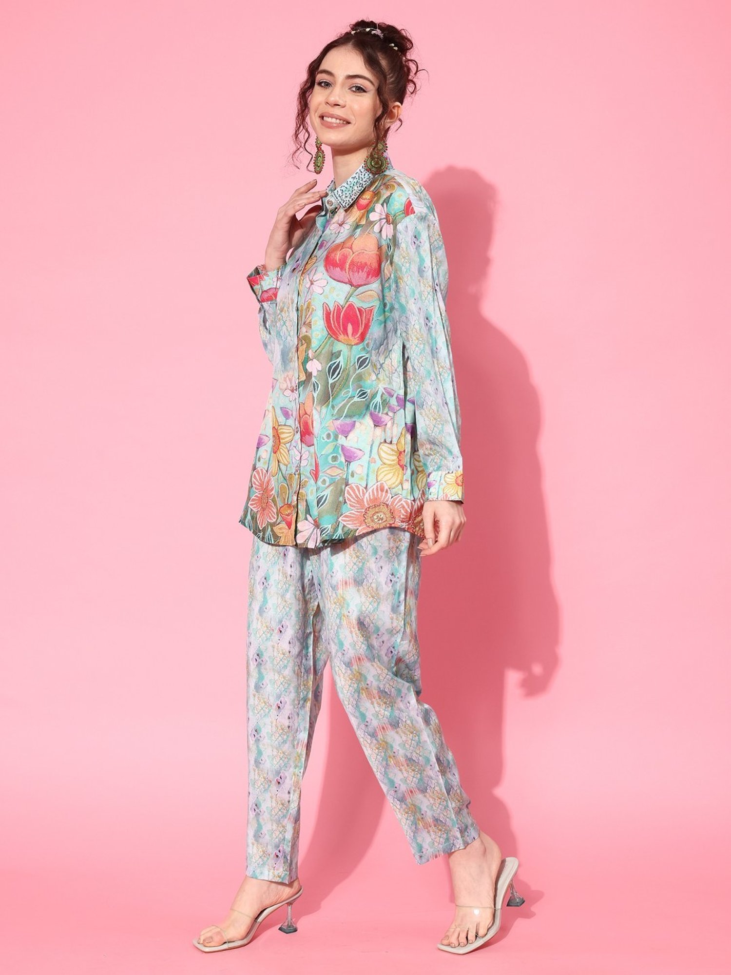 Indo Era Multicolored Floral Print Shirt Pant Set
