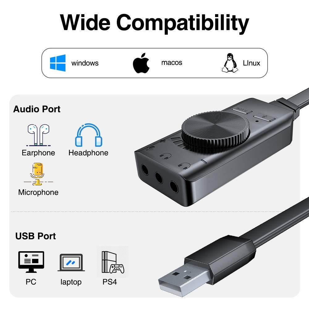 USB Sound Card Adapter BENGOO External Audio Adapter Stereo Sound Card Converter 3.5mm AUX Microphone Jack for Gaming Headset Earphone PS4 Laptop Desktop Windows Mac OS Linux, Plug Play