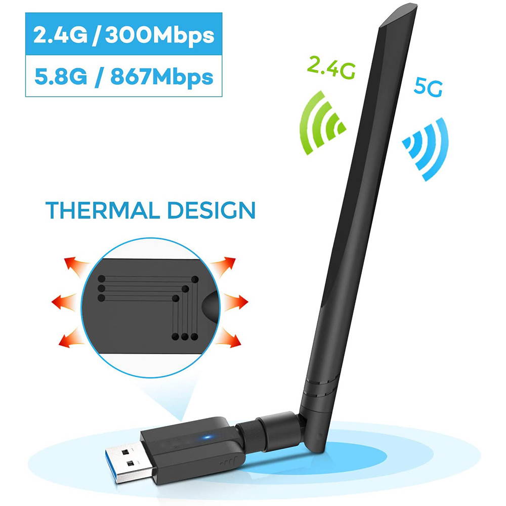 WiFi Adapter, AC1200 Dual Band (5.8G/Max 867Mbps & 2.4G/Max 300Mbps) Wireless Network USB 3.0 Wifi Dongle with 5dBi Antenna for PC/Desktop/Laptop, Support Windows XP Vista/7/8/8.1/10, Mac Os X