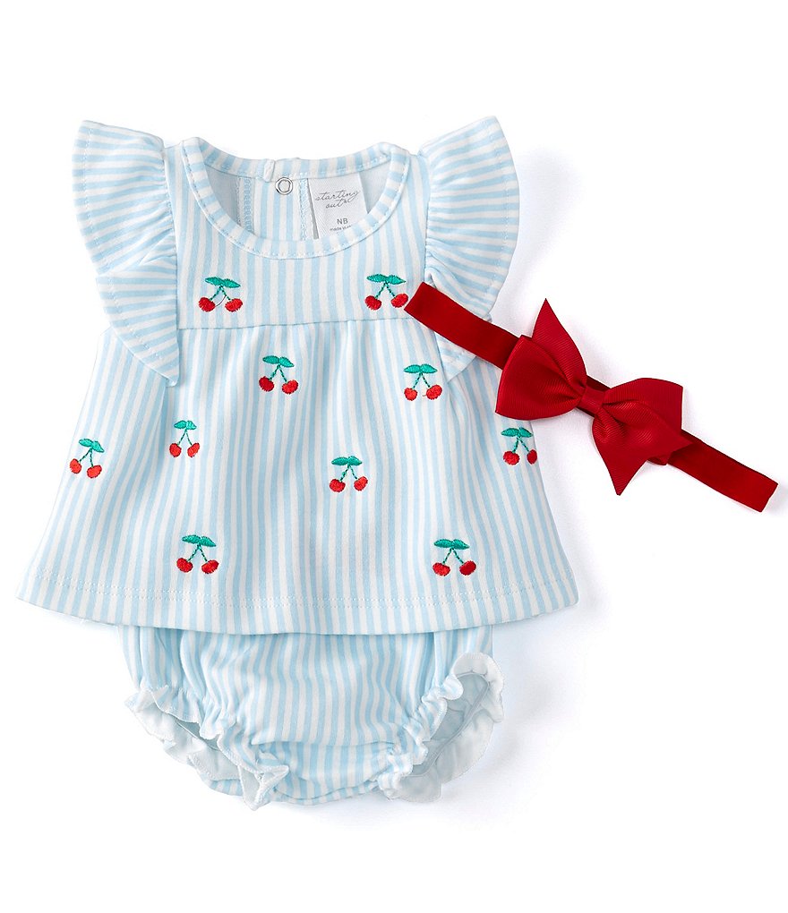 Starting Out Baby Girls Newborn-9 Months Flutter-Sleeve Cherry Stripe Top & Diaper Cover Set