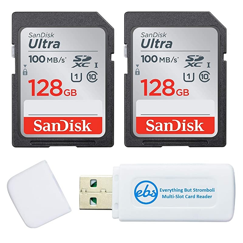 128GB SDXC SD Ultra Memory Card Two Pack Works with Canon EOS Rebel T7 Rebel T6 77D Digital Camera Class 10 SDSDUNR128GGN6IN Bundle with 1 Everything But Stromboli Combo Card Reader