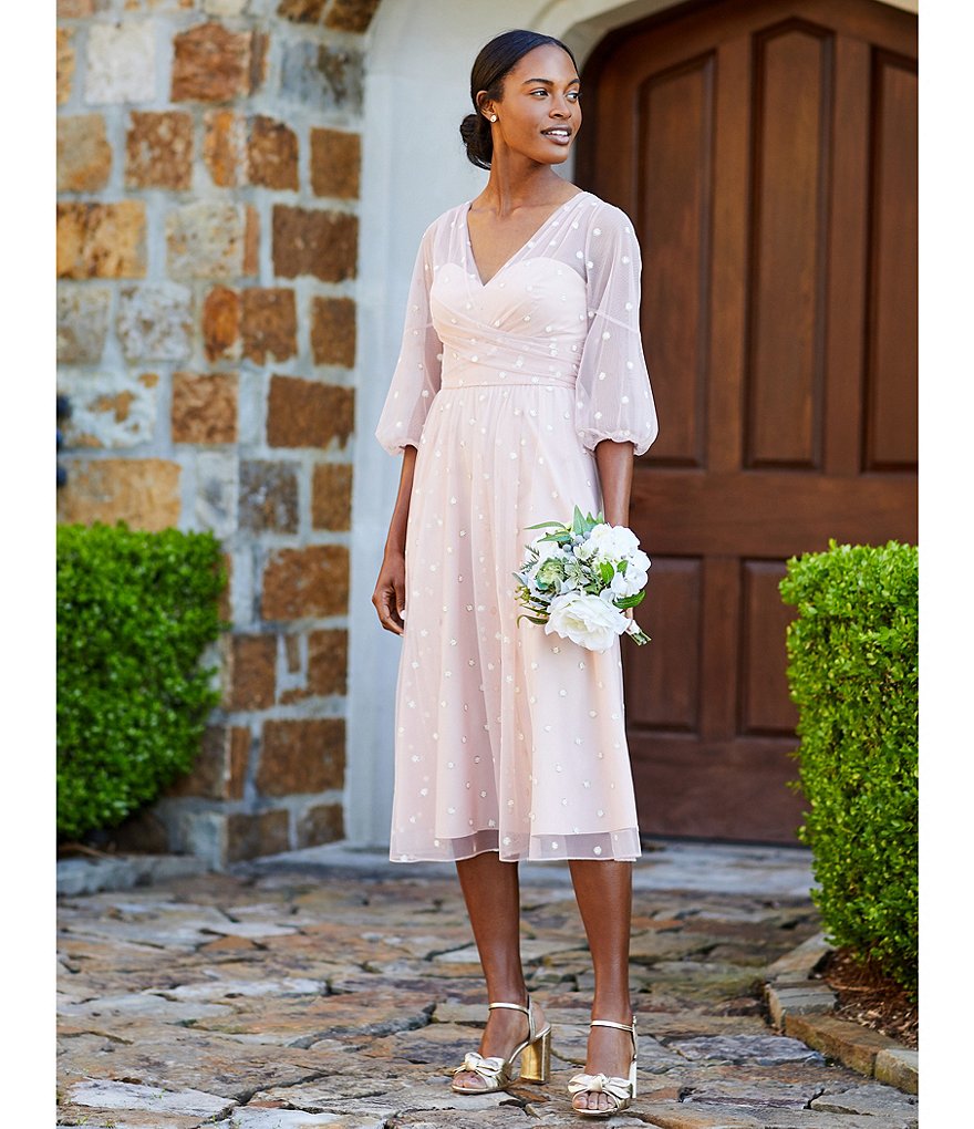 Adrianna Papell V-Neck 3/4 Sleeve Metallic Dot Faux Wrap Midi Dress