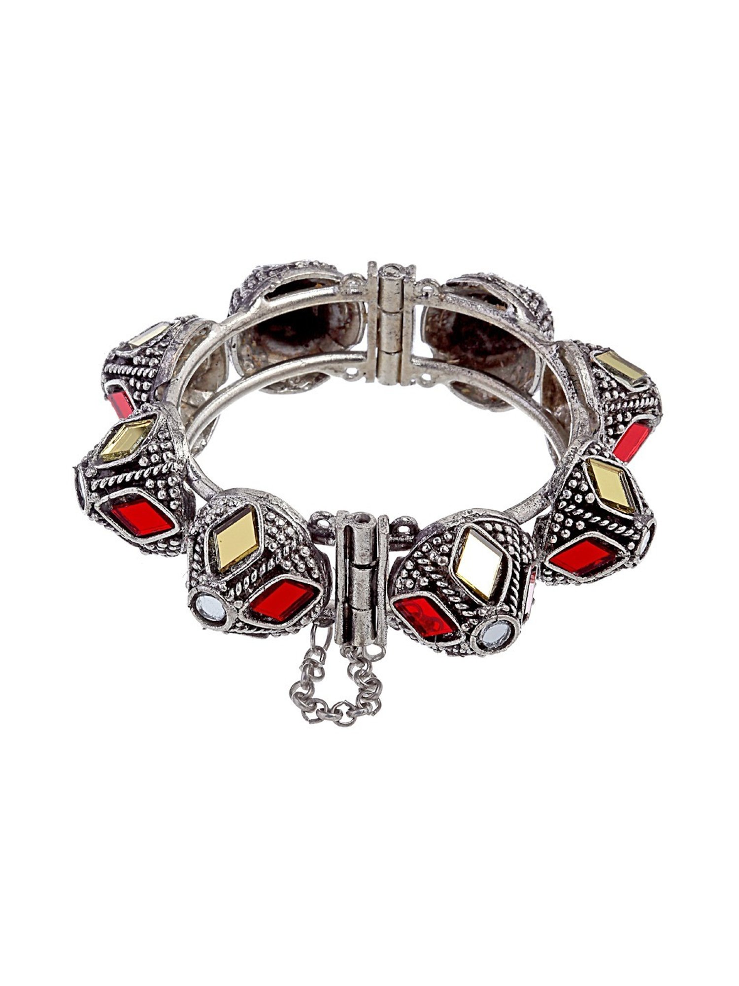 Moedbuille Mirrors Studded Tribal Afghan Design Oxidised Silver Plated Handcrafted Cuff Bracelet