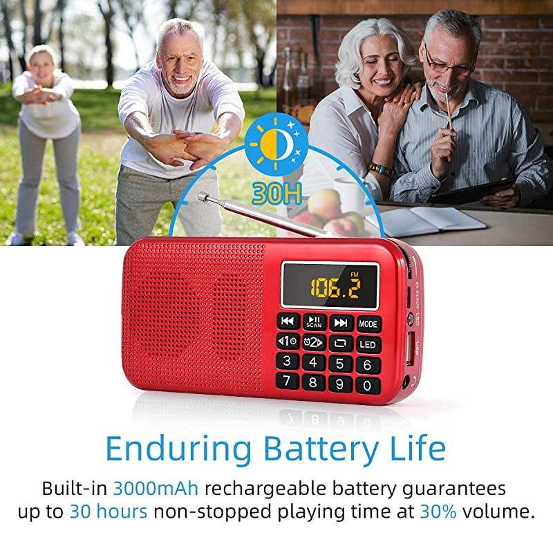 J725C Portable Mini FM Radio Speaker Music Player USB Drive TF Card with LED Display Alarm Clock 3000 Rechargeable Battery NO AMRed