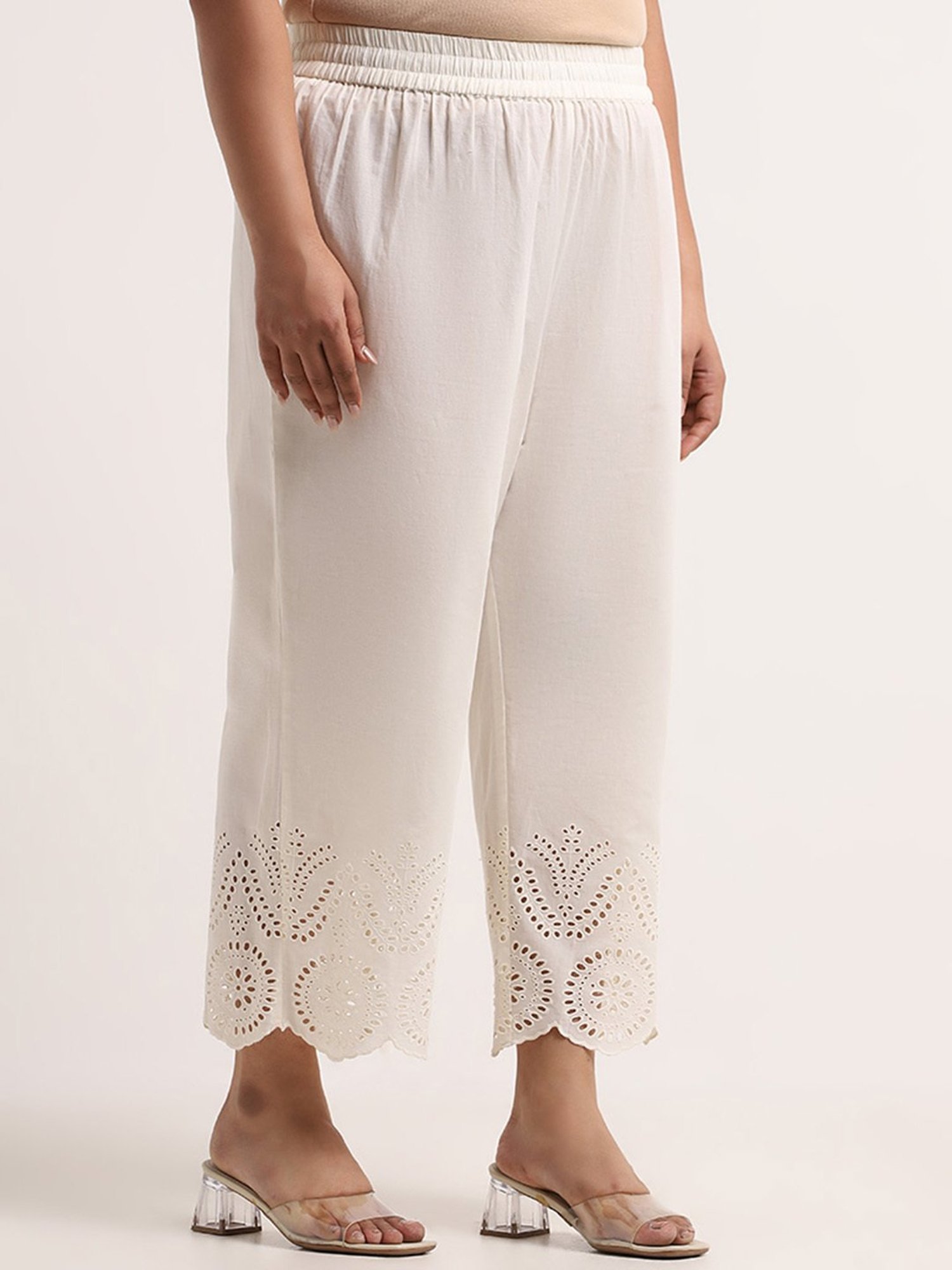 Diza by Westside Off-White Schiffli Detailed Straight Cotton Palazzos