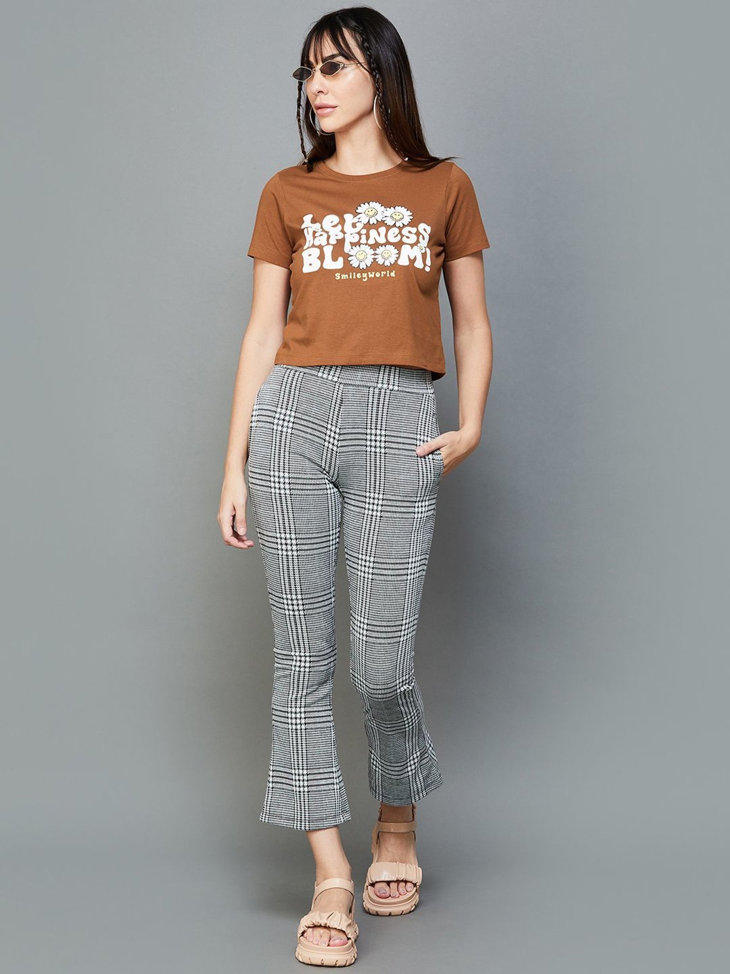 SmileyWorld Brown Cotton Printed Crop Top