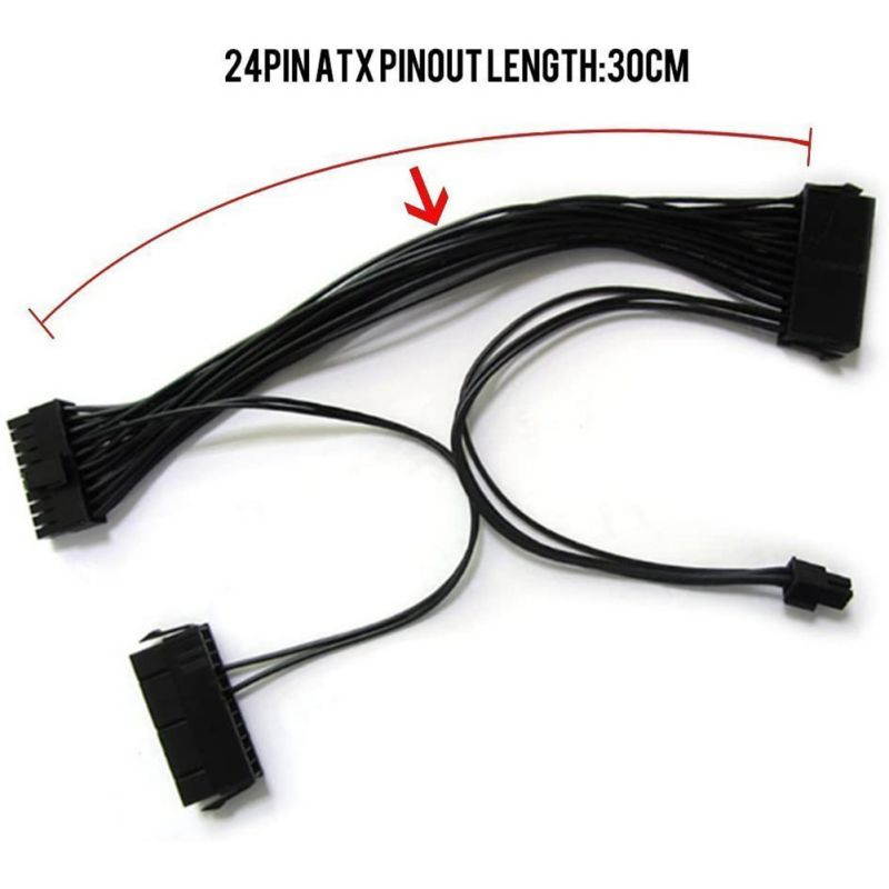 Dual PSU Power Supply 24 Pin Extension Cable, For ATX Motherboard, 24 Pin To 24(20+4) Pin, 12 Inch/ 30cm Black