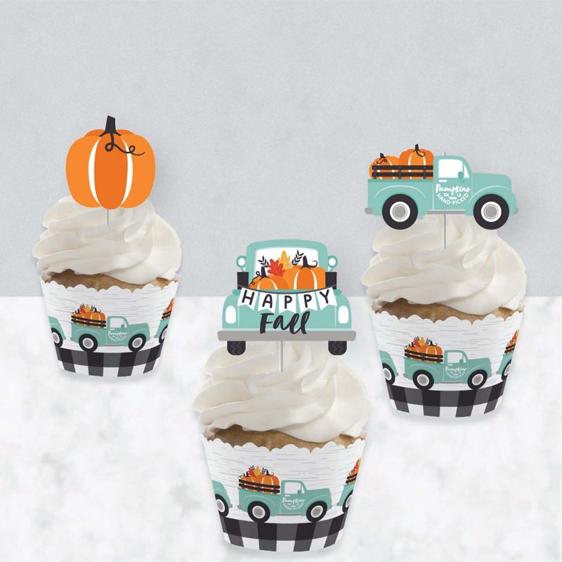 Big Dot of Happiness Happy Fall Truck - Cupcake Decoration - Harvest Pumpkin Party Cupcake Wrappers and Treat Picks Kit - Set of 24